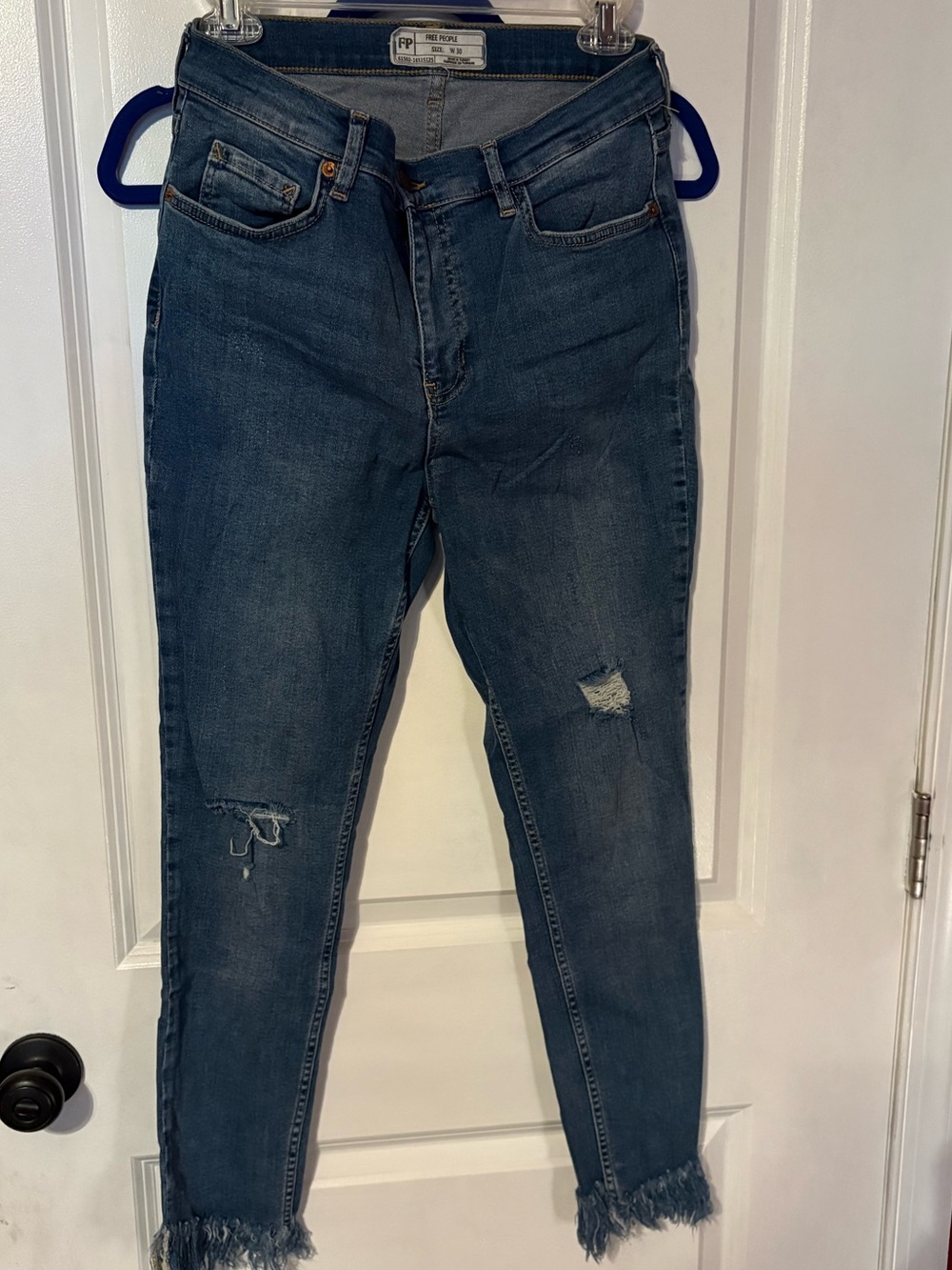 Free People Dark Blue Ankle Crop Distressed Jeans